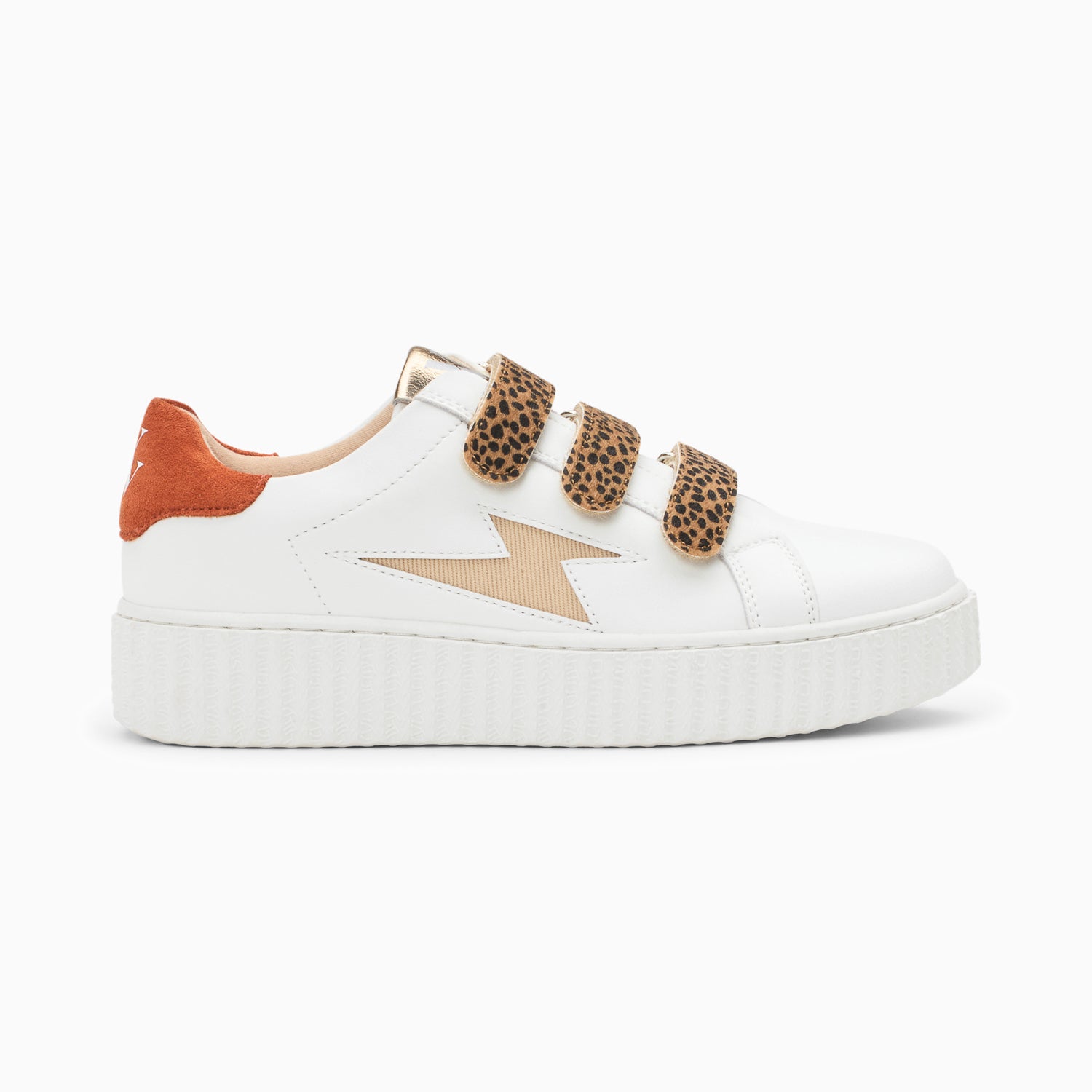 vanessa wu Baskets éclair Izae blanc et beige à scratchs guépard