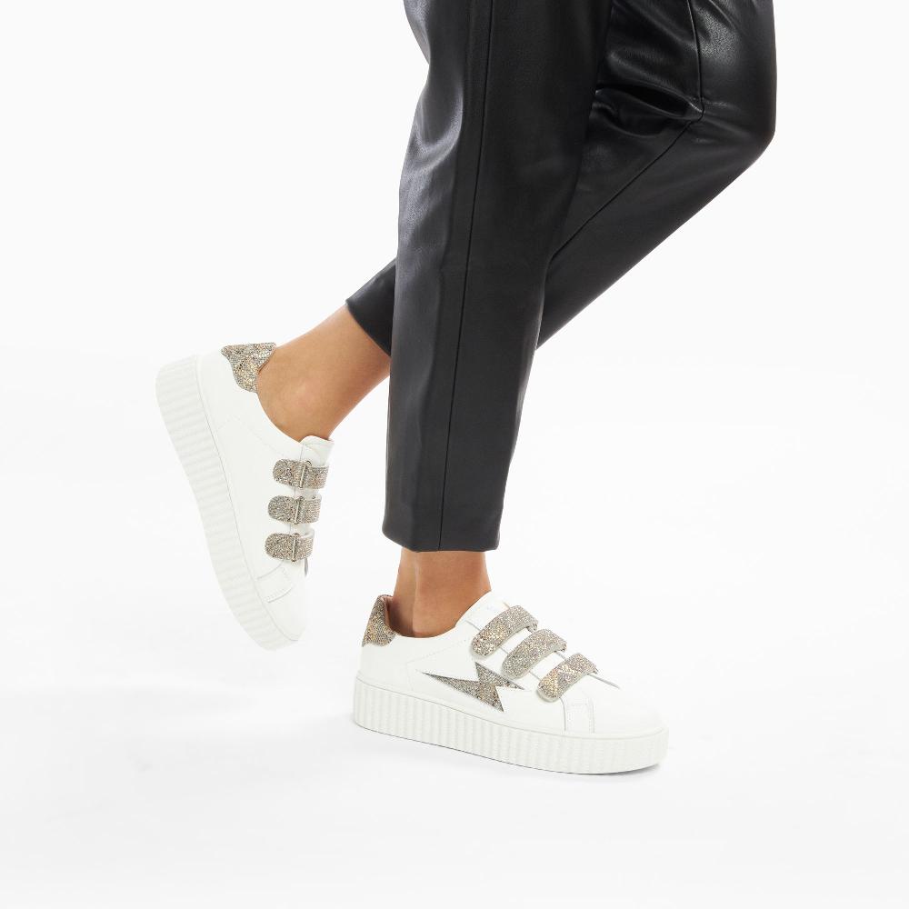 Vanessa Wu Baskets éclair Jane Blanches En Cuir à Scratchs Anthracite