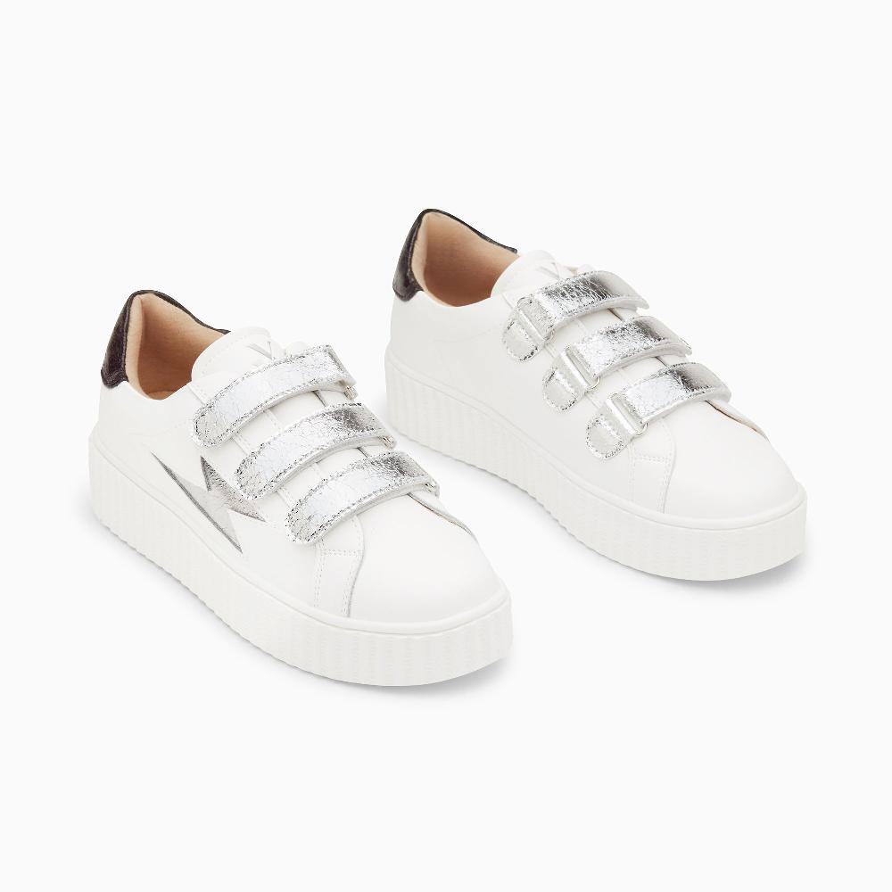 Vanessa Wu Baskets éclair Jane Blanches En Cuir à Scratchs Argent