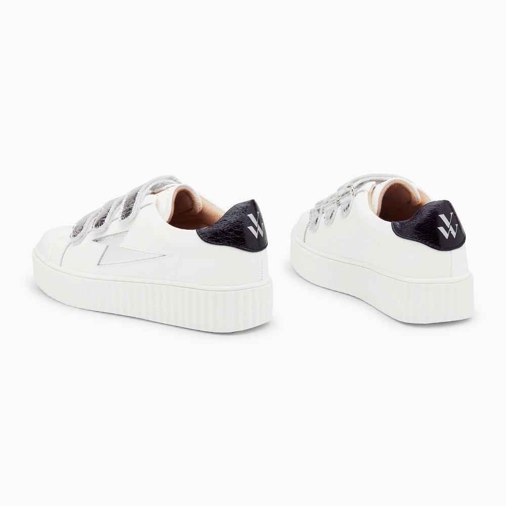Vanessa Wu Baskets éclair Jane Blanches En Cuir à Scratchs Argent
