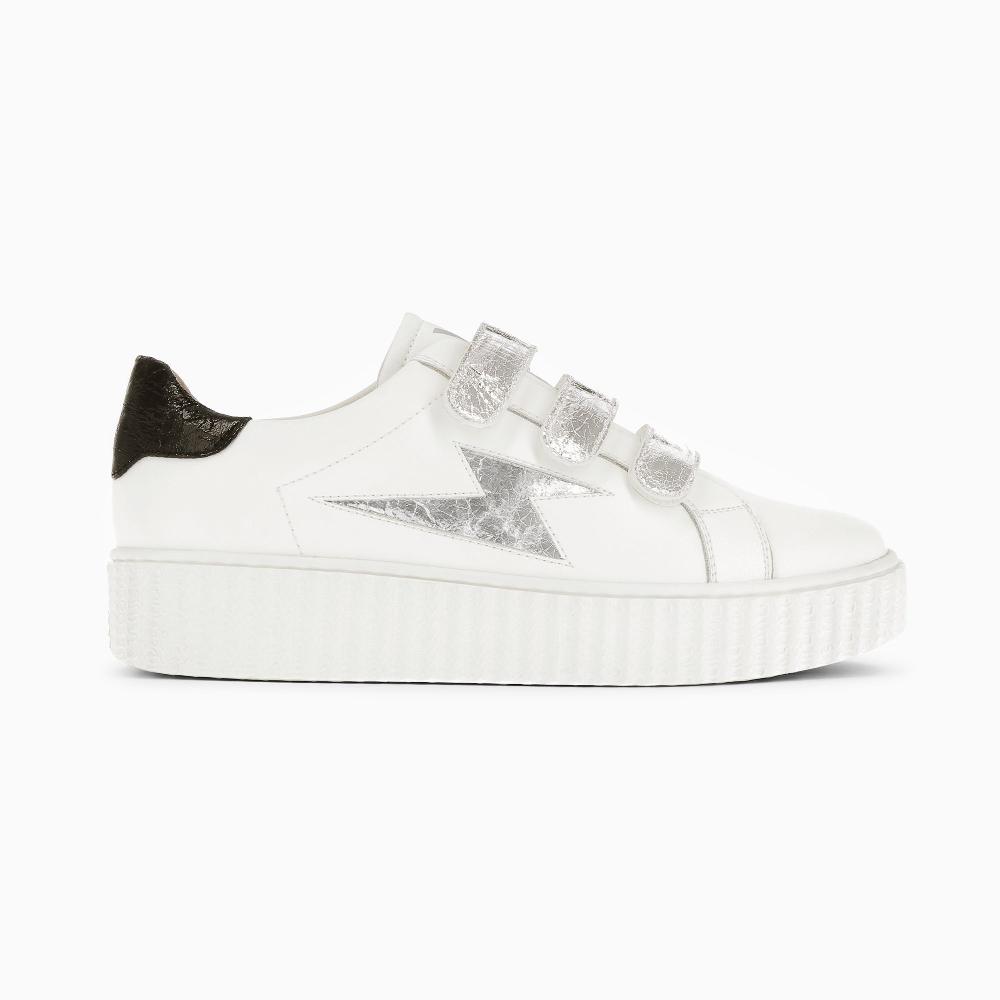 vanessa wu Baskets éclair Jane blanches en cuir à scratchs argent