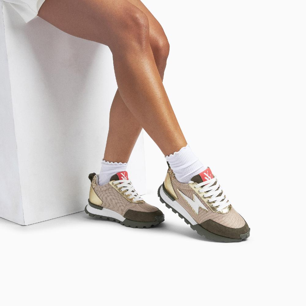 Vanessa Wu Baskets éclair Keira Beige Et Vert Kaki à Semelle Running