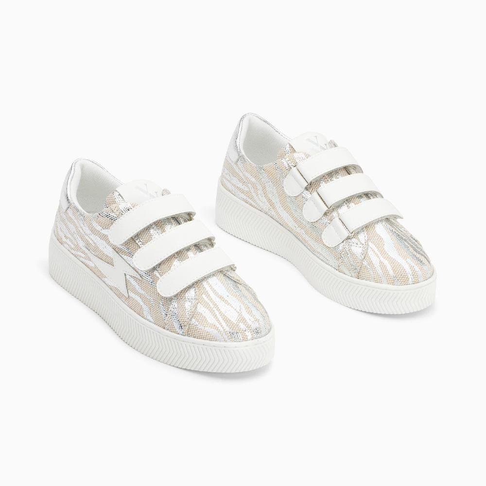 Vanessa Wu Baskets éclair Laurine Beige Et Argent Zébré à Scratchs