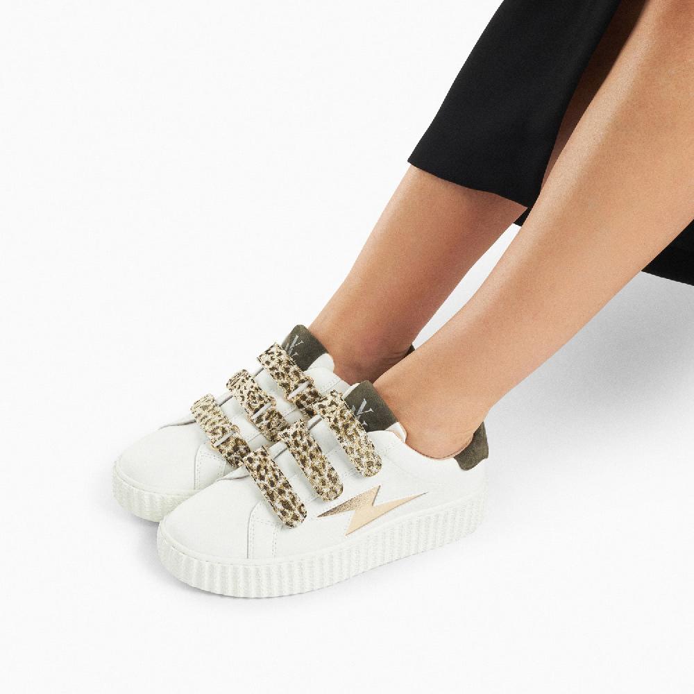 Vanessa Wu Baskets éclair Lyanna Blanc Et Or à Scratchs Léopard Kaki