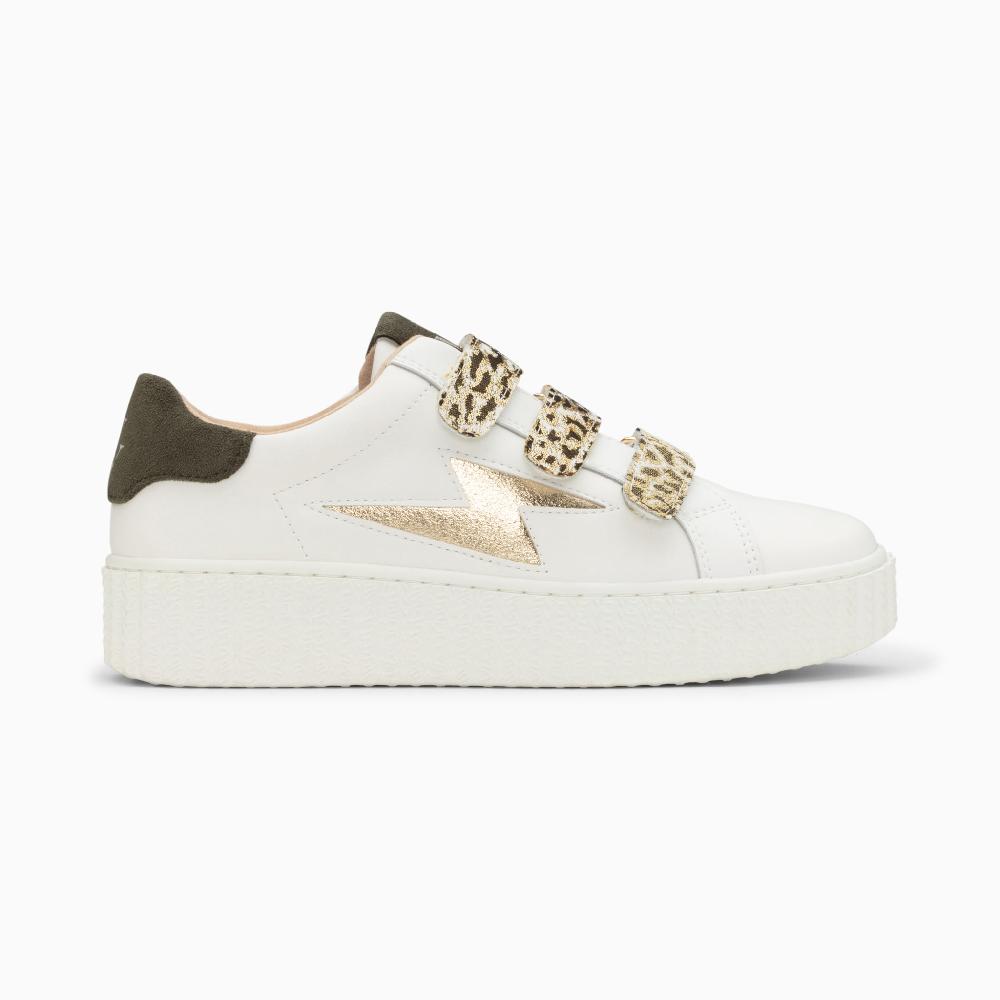 vanessa wu Baskets éclair Lyanna blanc et or à scratchs léopard kaki