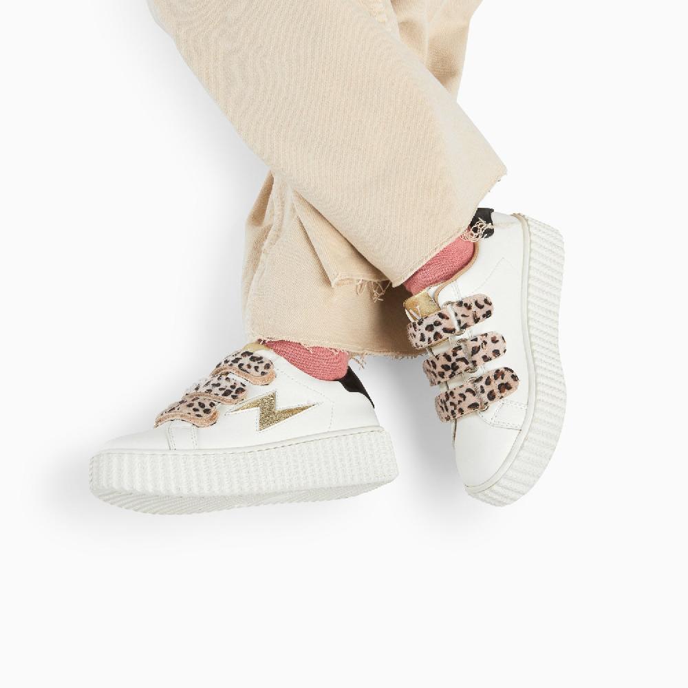 Vanessa Wu Baskets éclair Mini Maggie Blanc Et Or à Scratchs Léopard