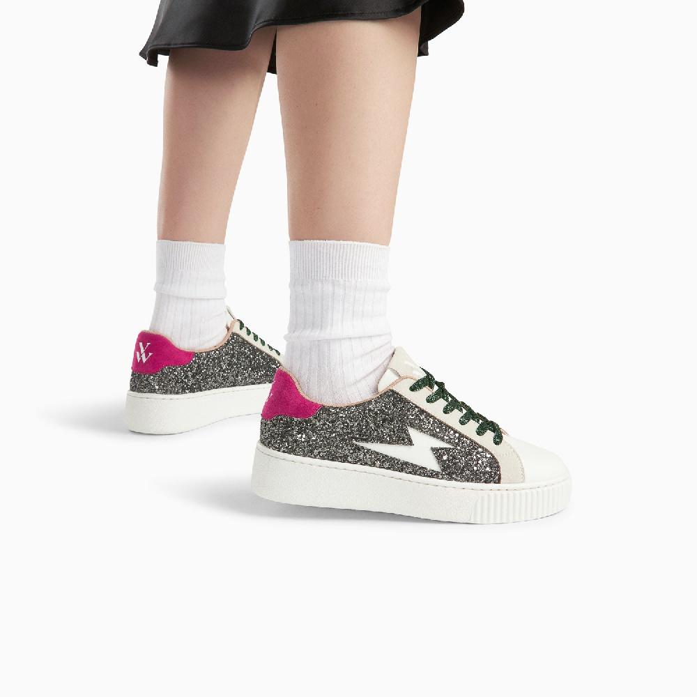 Vanessa Wu Baskets éclair Nancy à Paillettes Anthracite Et Lacets Verts
