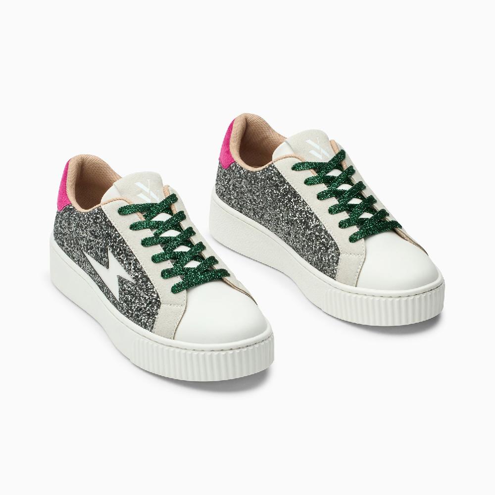 Vanessa Wu Baskets éclair Nancy à Paillettes Anthracite Et Lacets Verts