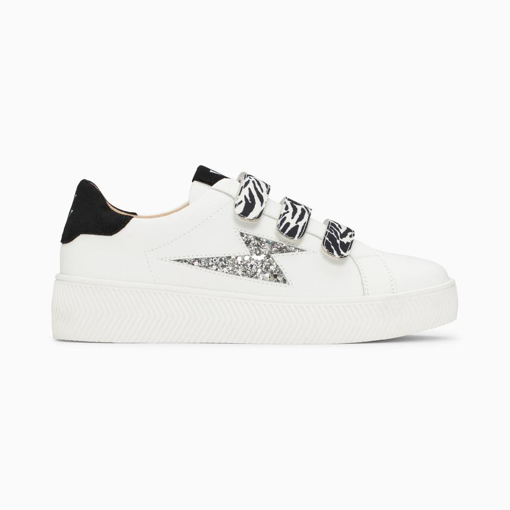 vanessa wu Baskets éclair Noura blanc et argent à scratchs zèbre