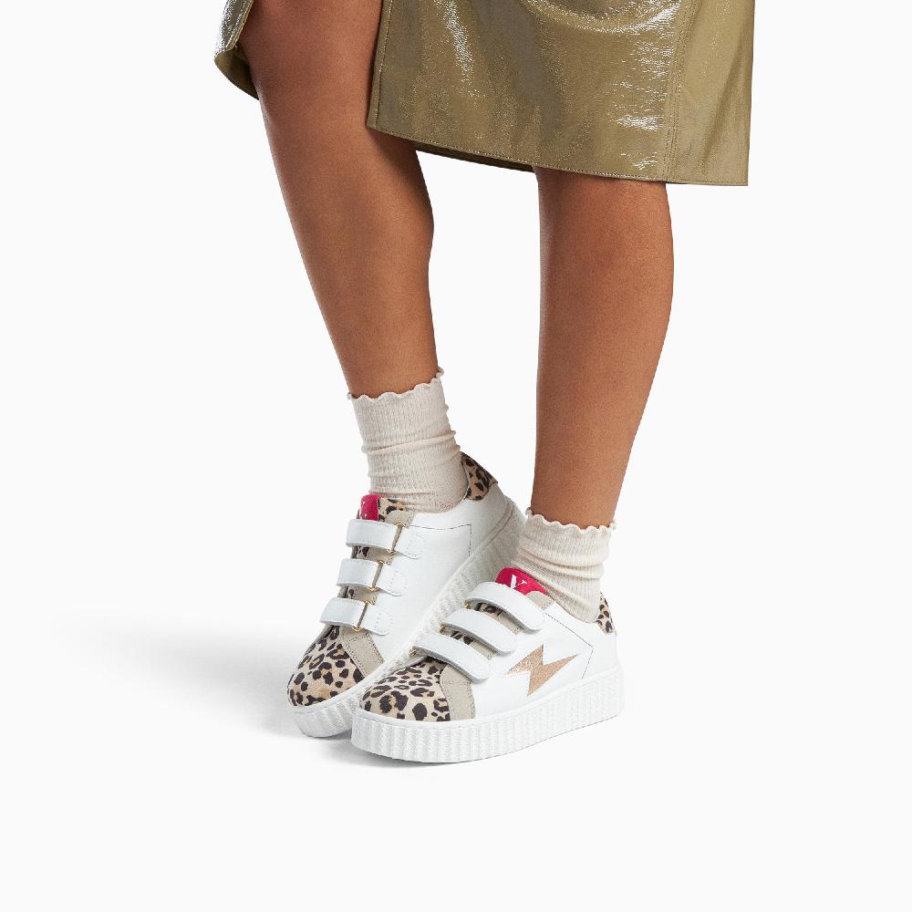 Vanessa Wu Baskets éclair Opaline Blanc Et Léopard à Scratchs