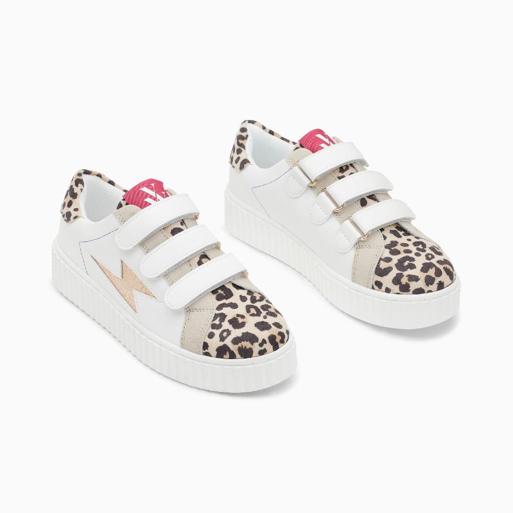 Vanessa Wu Baskets éclair Opaline Blanc Et Léopard à Scratchs
