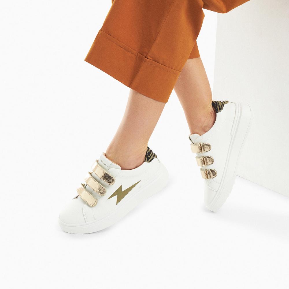 Vanessa Wu Baskets éclair Salomé Blanc Et Kaki à Scratchs Or