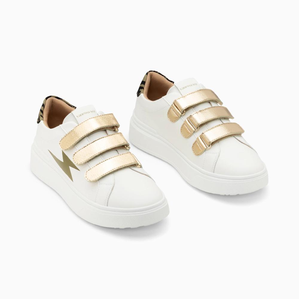 Vanessa Wu Baskets éclair Salomé Blanc Et Kaki à Scratchs Or