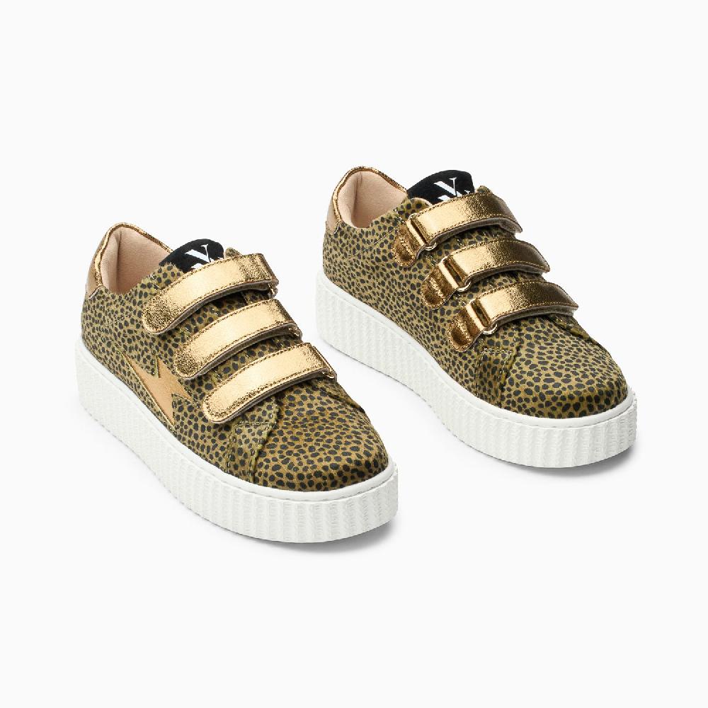 Vanessa Wu Baskets éclair Sophie Guépard Kaki Et Or à Scratchs