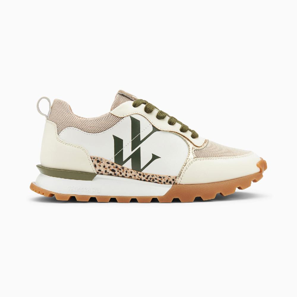 vanessa wu Baskets monogramme Adèle beige et kaki à semelle running
