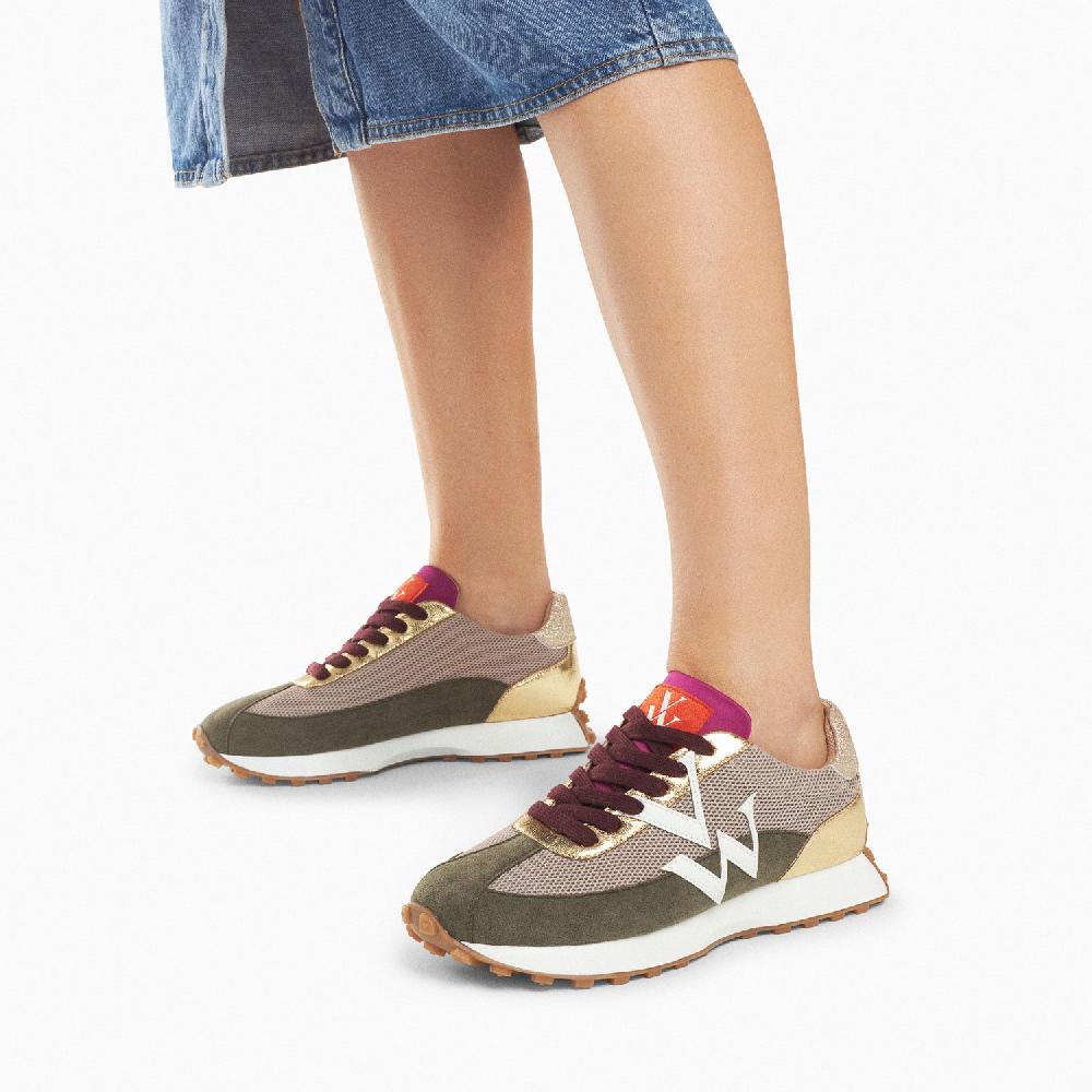 Vanessa Wu Baskets Monogramme Faustine Beige Et Kaki à Semelle Running