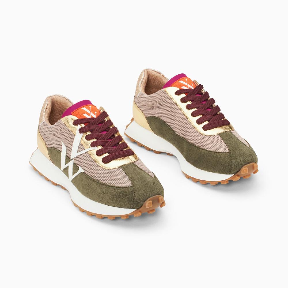 Vanessa Wu Baskets Monogramme Faustine Beige Et Kaki à Semelle Running
