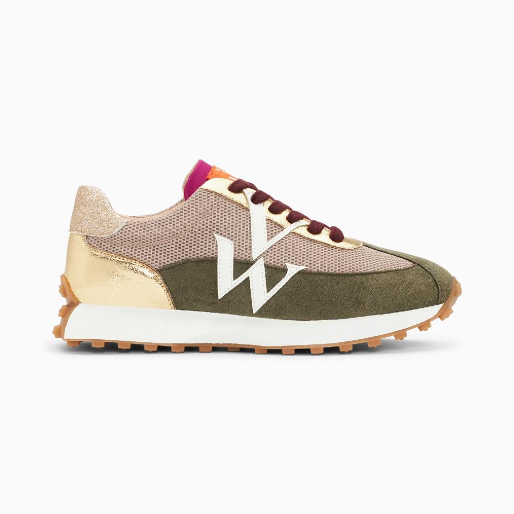 vanessa wu Baskets monogramme Faustine beige et kaki à semelle running