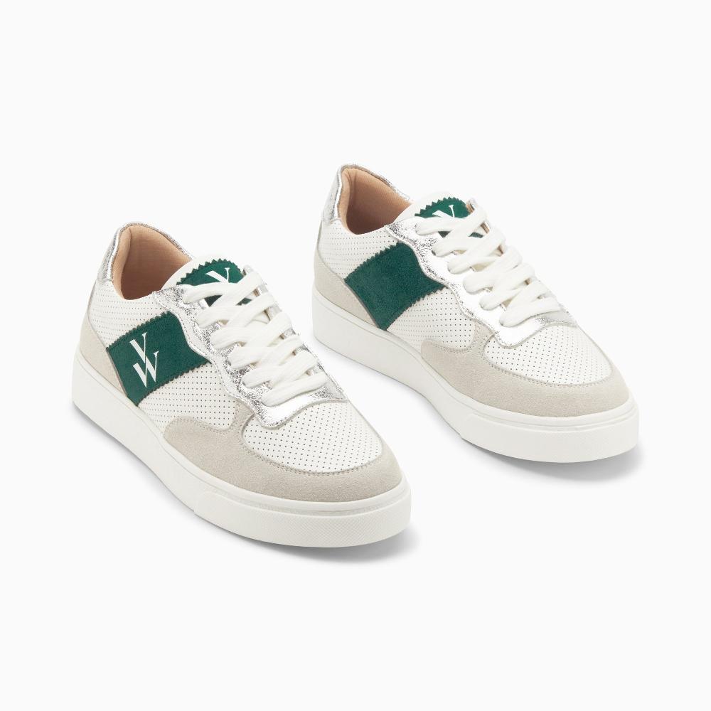 Vanessa Wu Baskets Monogramme Flavie Perforées Gris Et Vert à Lacets