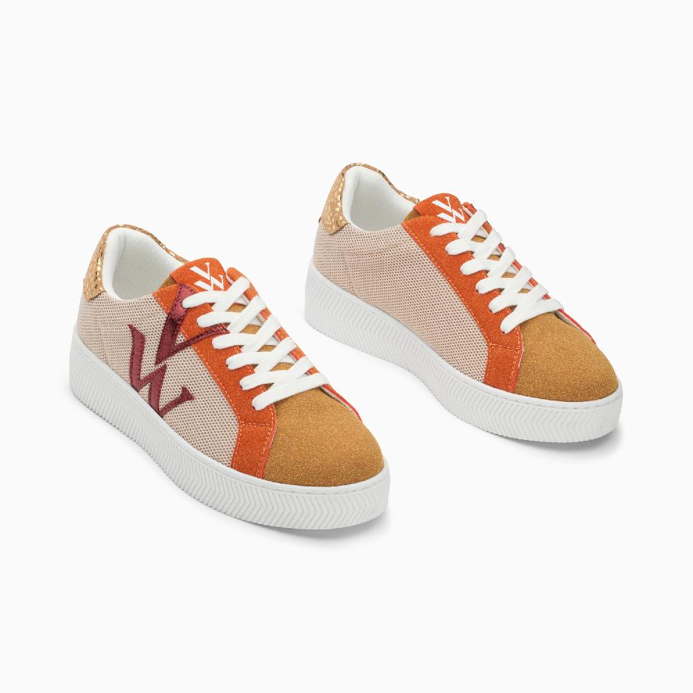 Vanessa Wu Baskets Monogramme Gaïa Beige Et Orange à Lacets
