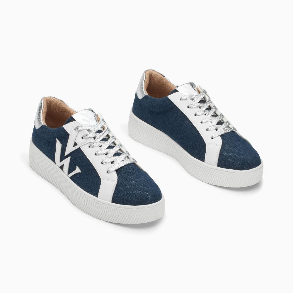 Vanessa Wu Baskets Monogramme Gaïa Denim Et Blanc à Lacets Argent