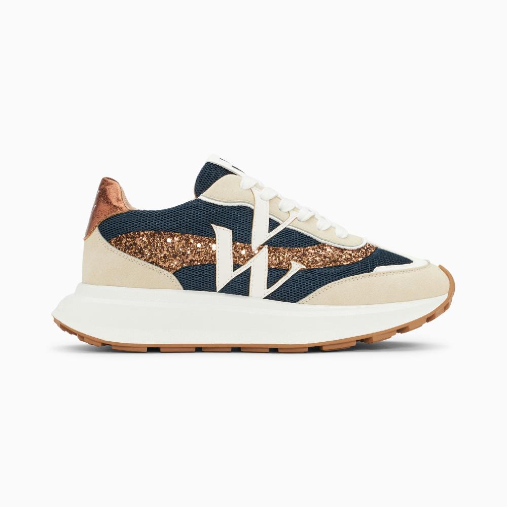 vanessa wu Baskets monogramme Inès marine et bronze à semelle oversize