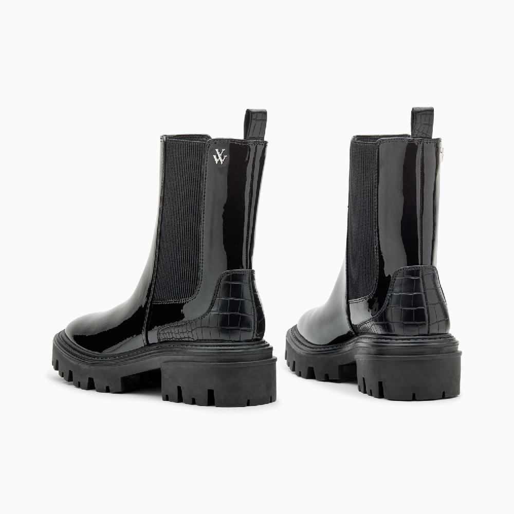 Vanessa Wu Bottines Chelsea Pamela Noires Vernies à Semelle Crantée