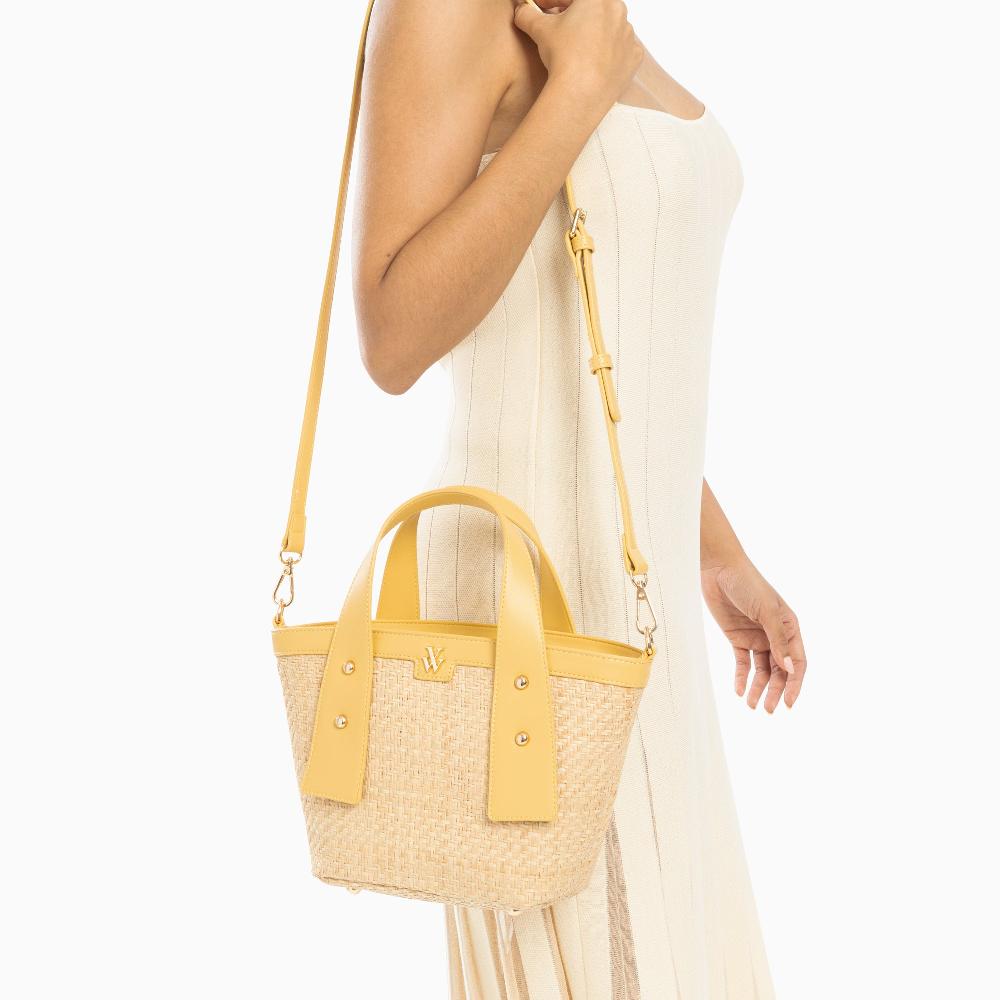 Vanessa Wu Petit Panier Juliana En Raphia Beige à Détails Jaunes