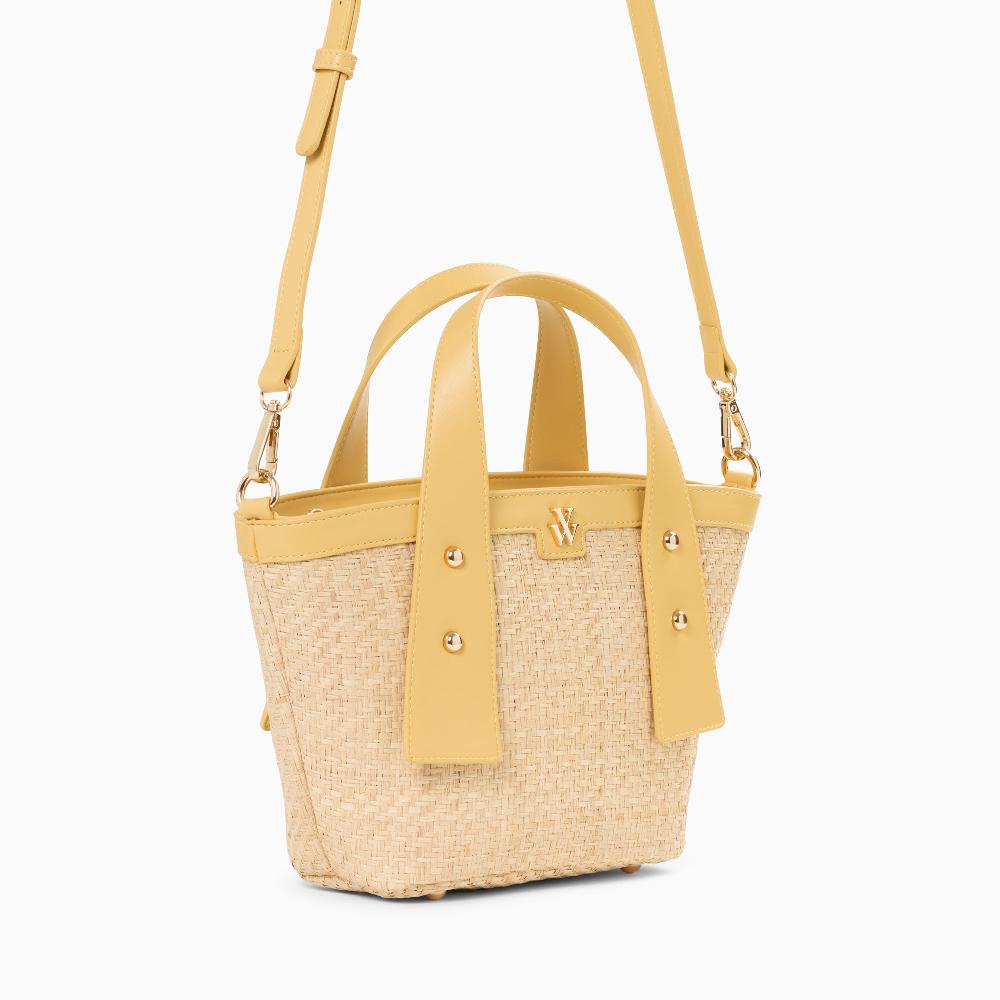 Vanessa Wu Petit Panier Juliana En Raphia Beige à Détails Jaunes