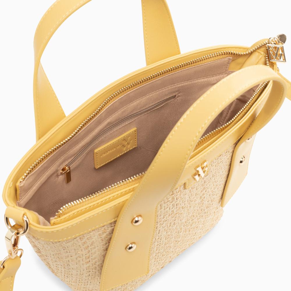 Vanessa Wu Petit Panier Juliana En Raphia Beige à Détails Jaunes