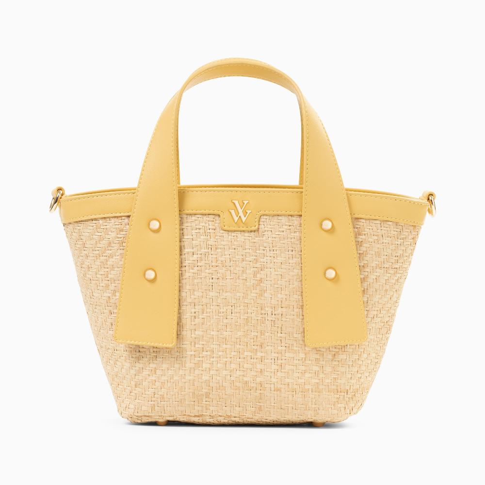 vanessa wu Petit panier Juliana en raphia beige à détails jaunes