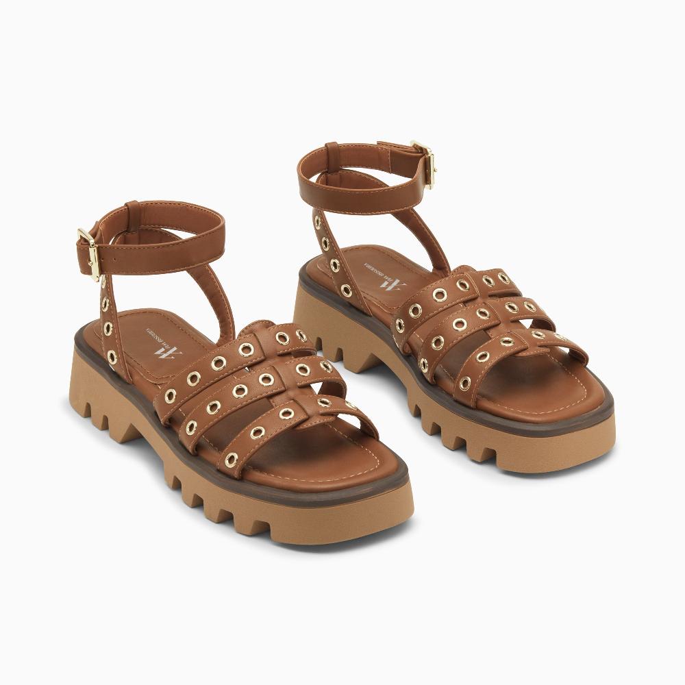 Vanessa Wu Sandales Inaya Camel à Oeillets Et Plateforme Crantée