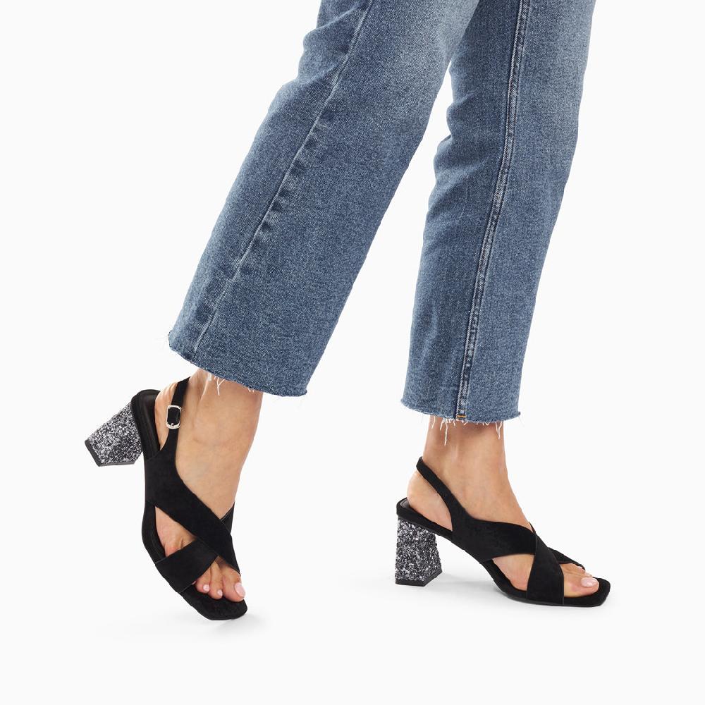 Vanessa Wu Sandales Milan Noires à Brides Croisées Et Talon Argent Pailleté