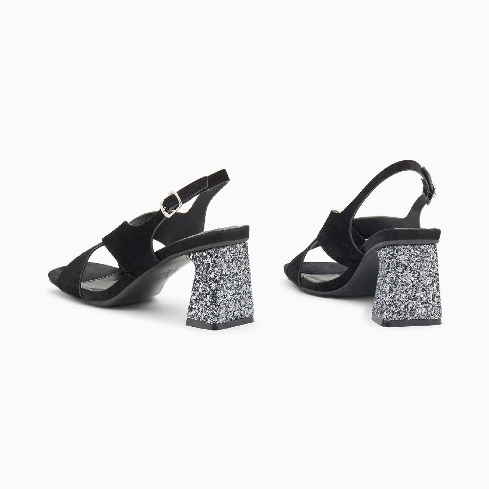 Vanessa Wu Sandales Milan Noires à Brides Croisées Et Talon Argent Pailleté