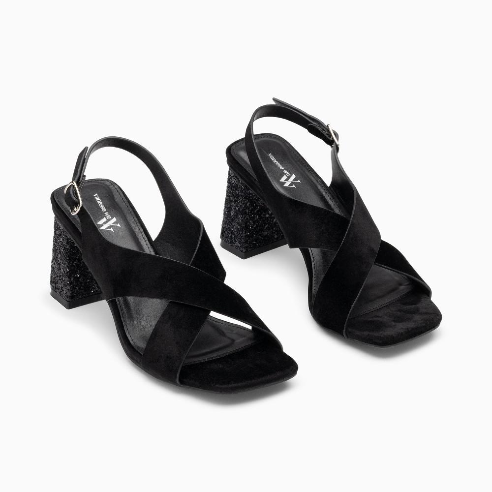 Vanessa Wu Sandales Milan Noires à Brides Croisées Et Talon Noir Pailleté