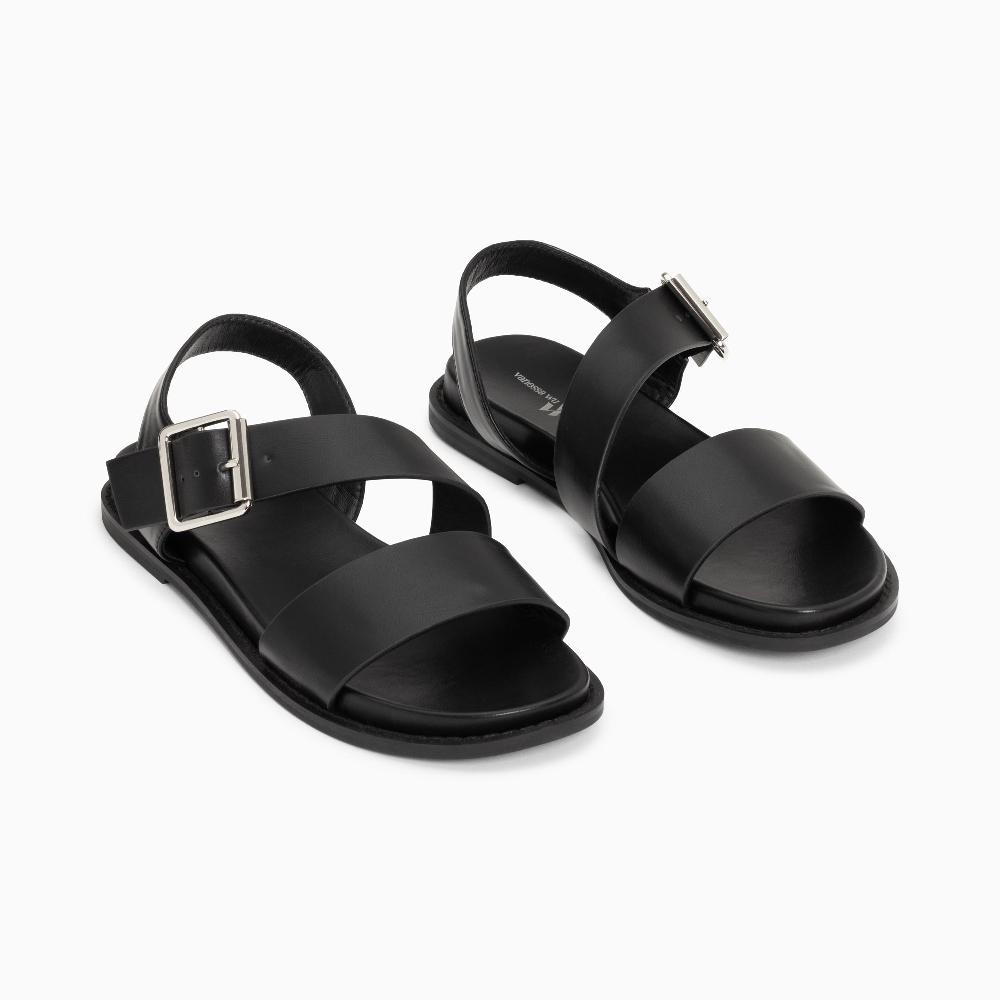 Vanessa Wu Sandales Plates Ameline Noires à Larges Brides