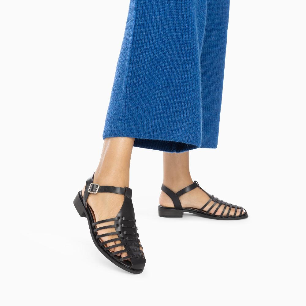 Vanessa Wu Sandales Plates Anne Style Pêcheur à Fines Brides Noir Mat