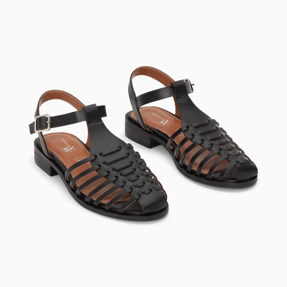 Vanessa Wu Sandales Plates Anne Style Pêcheur à Fines Brides Noir Mat