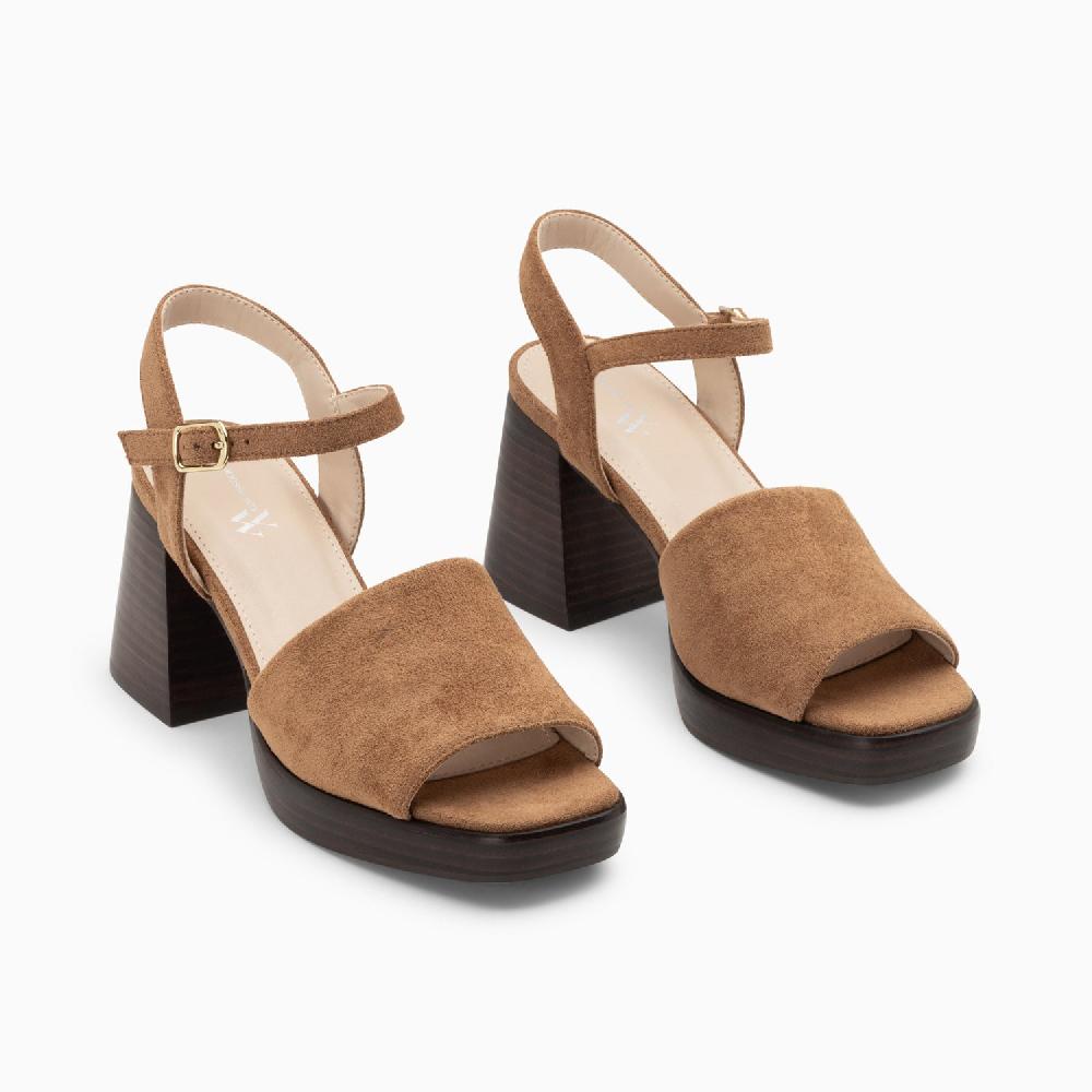 Vanessa Wu Sandales Tyrah Camel à Plateforme Et Talon Bois
