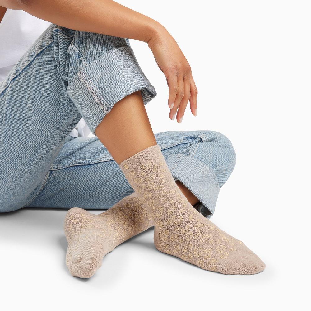 Vanessa Wu Chaussettes Tara Beige Et Léopard Or