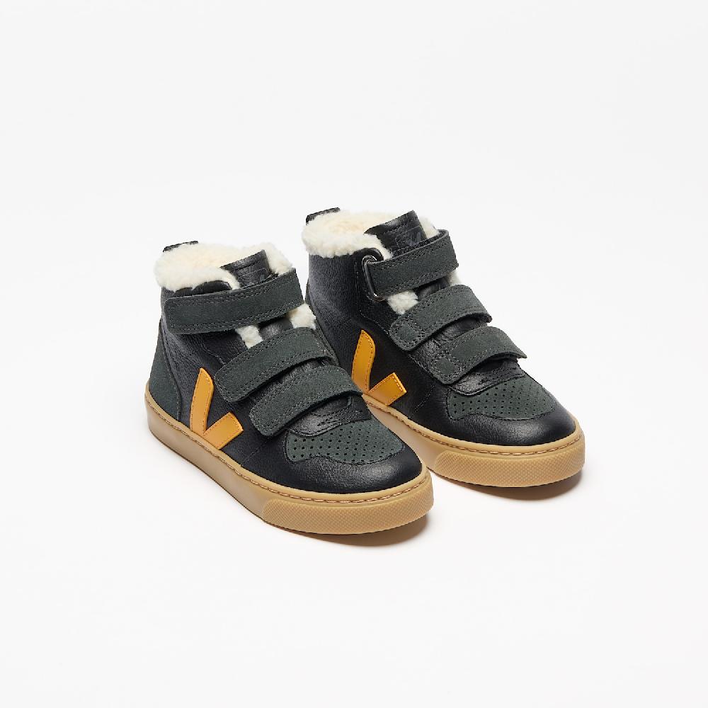 Veja V-10 MID FURED LEATHER BLACK OURO GRAFITE
