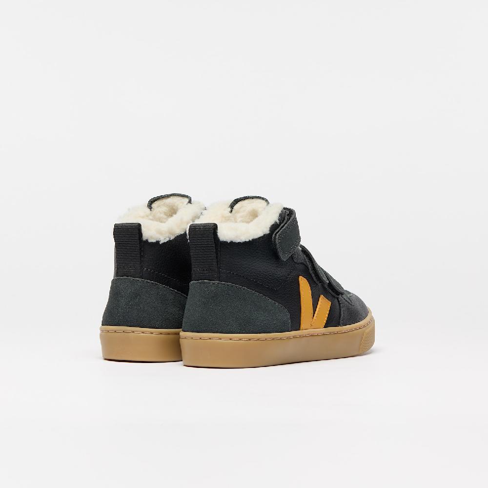 Veja V-10 MID FURED LEATHER BLACK OURO GRAFITE