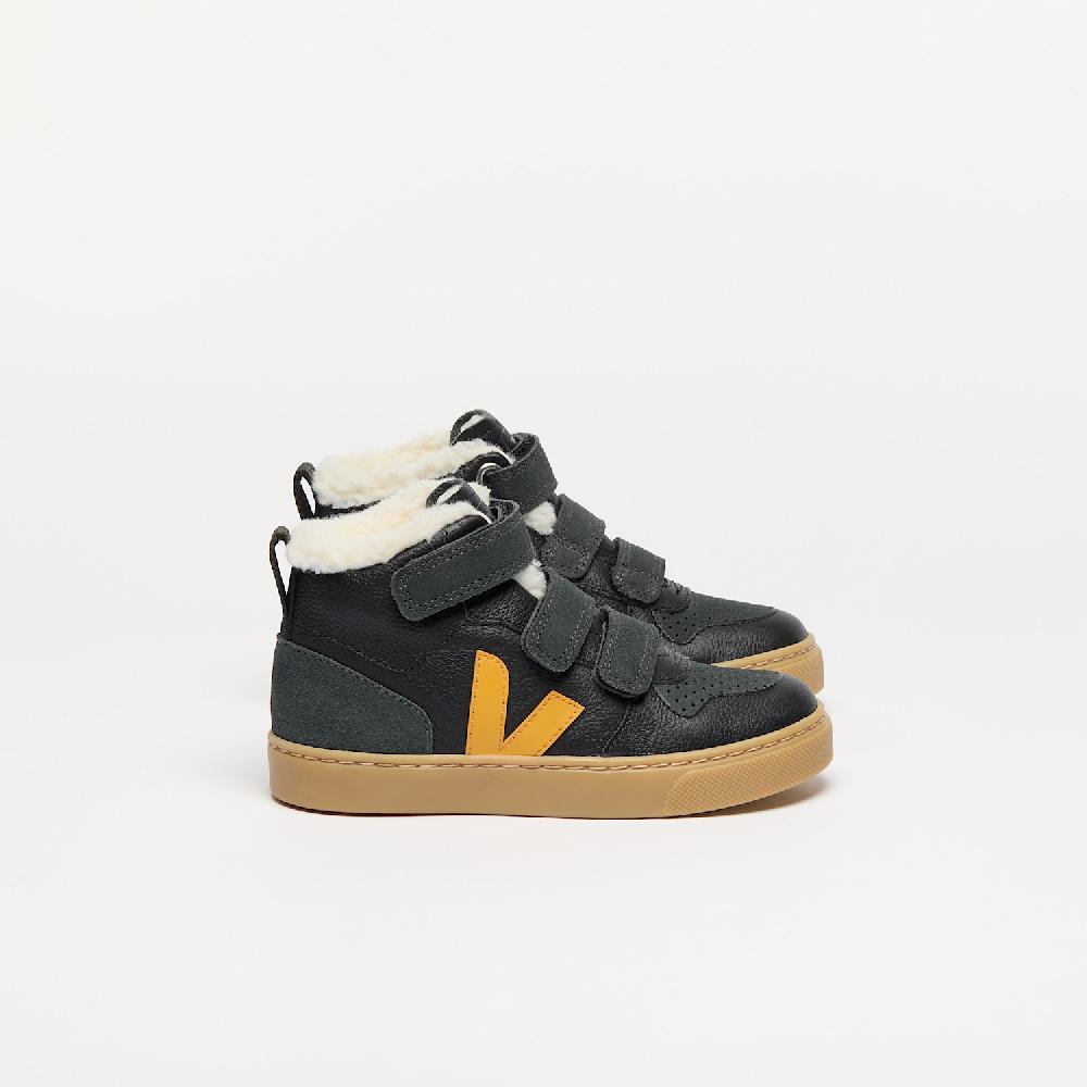 veja V-10 MID FURED LEATHER BLACK OURO GRAFITE
