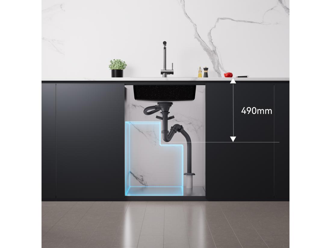 Vente Unique 1 Bac Évier Cuisine En Granit 55*45*20cm Kit De Vidage Noir+Robinet Cuisine Rotatif 360°Eau Froide Chaude Noir Avec Points Blancs
