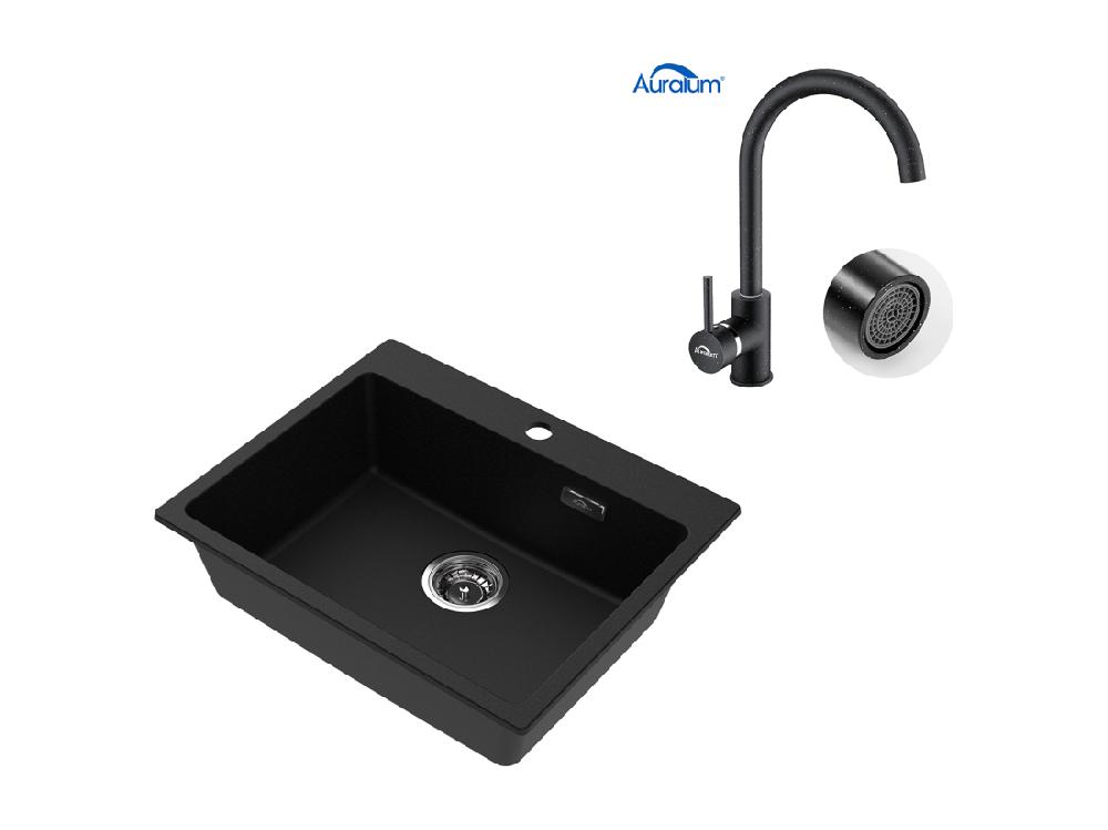 vente unique 1 Bac Évier Cuisine en Granit 55*45*20cm Kit de Vidage Noir+Robinet Cuisine Rotatif 360°Eau Froide Chaude Noir avec points blancs
