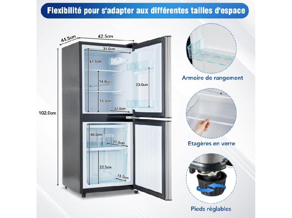 Vente Unique 106L Réfrigérateur Argenté+noir Avec Cloison En Verre Et Pieds Réglables 7 Température -25~10 ℃ Classe D'efficacité énergétique E