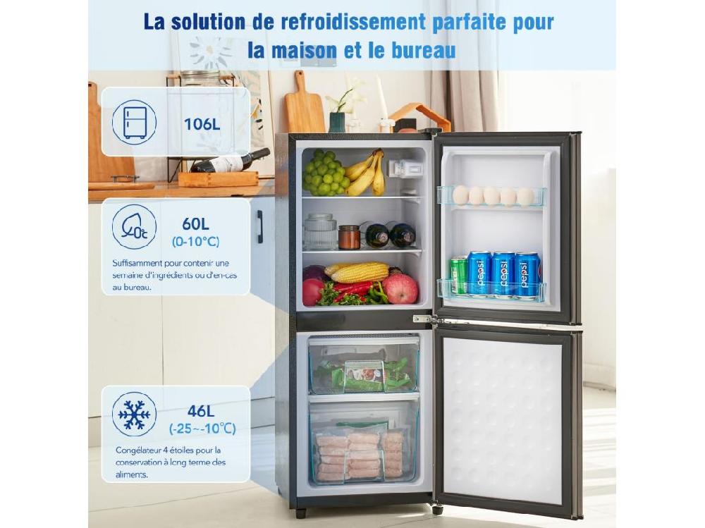 Vente Unique 106L Réfrigérateur Argenté+noir Avec Cloison En Verre Et Pieds Réglables 7 Température -25~10 ℃ Classe D'efficacité énergétique E