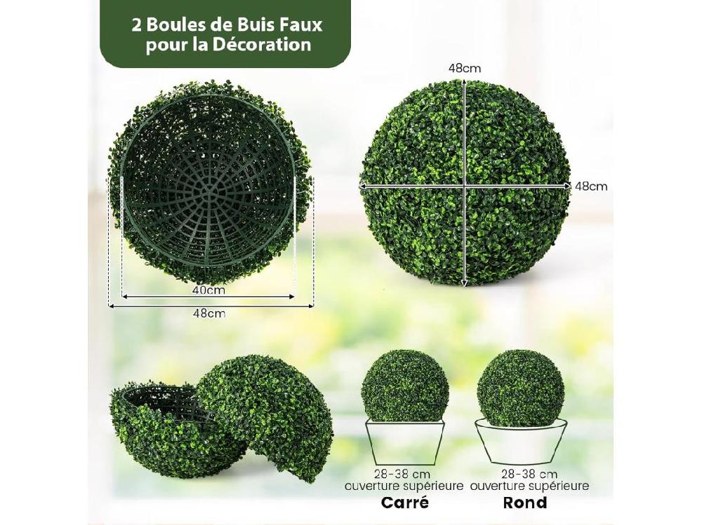 Vente Unique 2 Boules De Buis Artificielles 48 Cm Résistantes Aux UV Plantes En Boules De Faux Buis Sphères Décoratives Pour Intérieur Extérieur De Porche Balcon Jardin Mariage