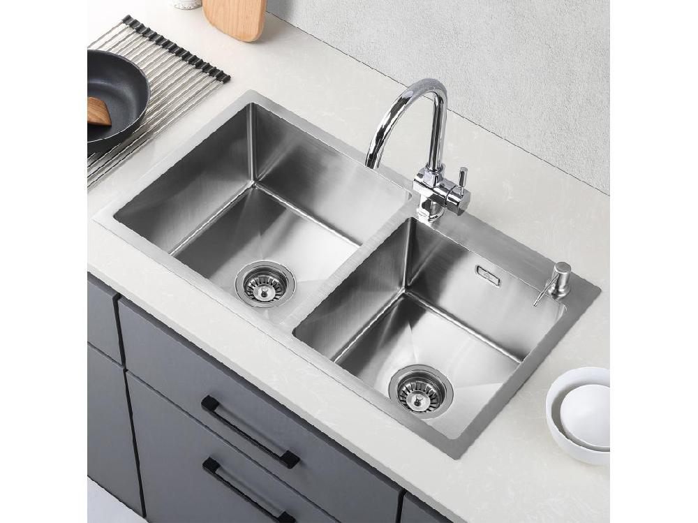 Vente Unique 2 En 1 Évier De Cuisine 2 Bac 75x45x19cm Encastré/ à Poser Avec Distributeur De Savon+Robinet De Cuisine Flexible Bec Haut Orientable