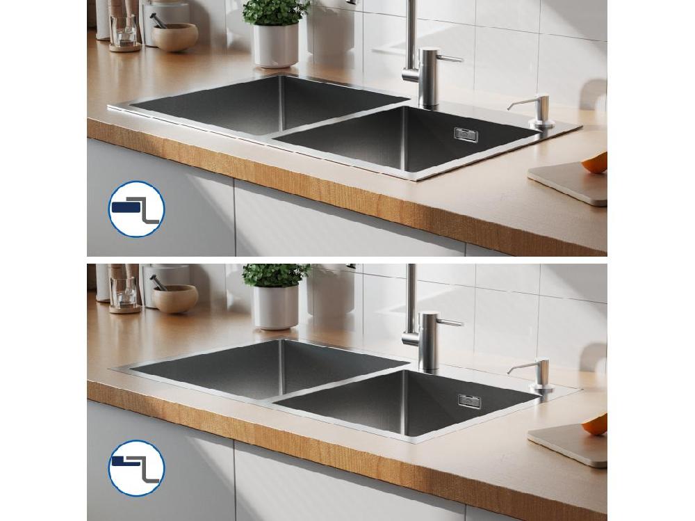 Vente Unique 2 En 1 Évier De Cuisine 2 Bac 75x45x19cm Encastré/ à Poser Avec Distributeur De Savon+Robinet De Cuisine Flexible Bec Haut Orientable